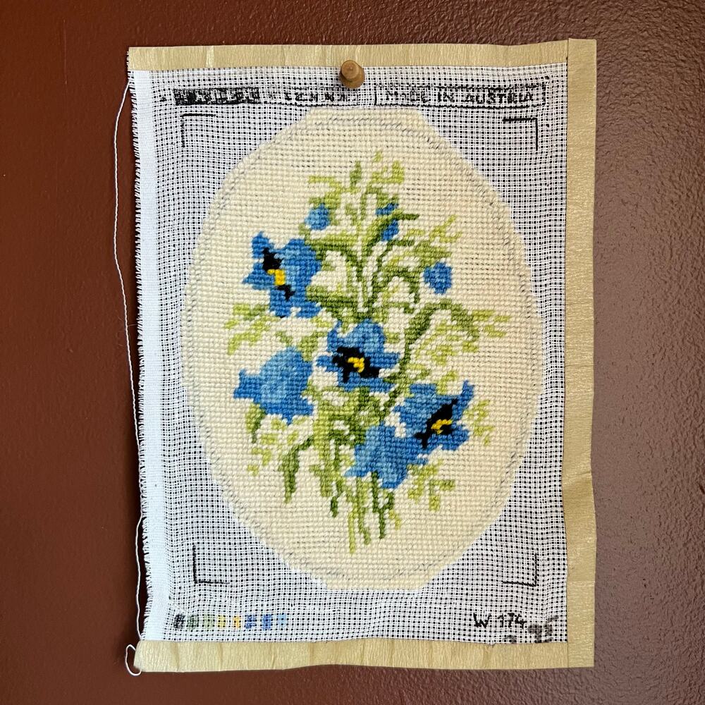 Vintage 70s Austrian Needlepoint Canvas Art Blue Floral Oval Cottagecore